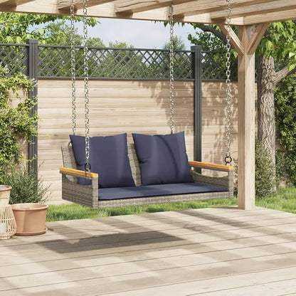 Gray Navy Blue PE Rattan Patio Swing Bench 2 Seater Seats with Weather-Resistant Cushions and Sturdy Steel Frame for Outdoor Lounging