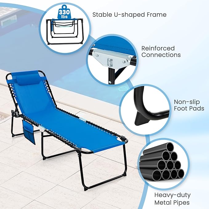 GYMAX Lounge Chairs for Outside, Extra High Folding Beach Tanning Lounger with Adjustable Backrest - Photo 6