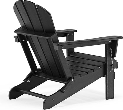 WO Home Furniture 3pc Set - HDPE Poly Adirondack Chair with Ottoman/Footrest and Square Side Table, All Weather and UV Resistant for Outdoor Patio Backyard, Garden, Black