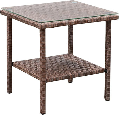 Outdoor Wicker Patio Rattan Garden Coffee End Square Table with Glass Top 2-layer Furniture (Brown)