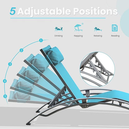 Domi Lounge Chair Set of 2, Aluminum Lounge Chairs for Outside with 5 Adjustable Positions, Chaise Lounge Outdoor for Pool, Garden, Beach, Camping, Backyard(Turquoise Blue)