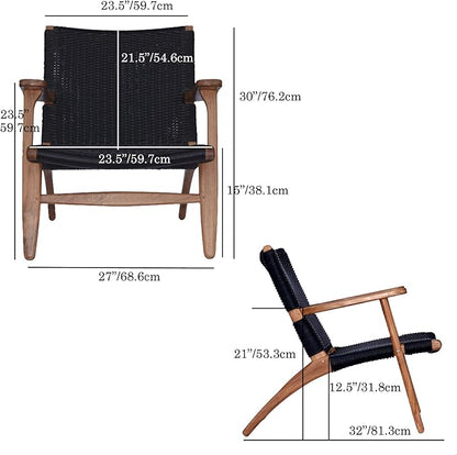 Indonesian Grade A Teak Wood Monterey Club Lounge Chair. Midcentury Modern Comfortable Design Chair Double handweaved Rope. Backyard, Poolside, Balcony Living Room. (Black)