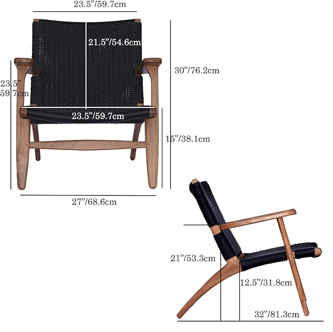 Indonesian Grade A Teak Wood Monterey Club Lounge Chair. Midcentury Modern Comfortable Design Chair Double handweaved Rope. Backyard, Poolside, Balcony Living Room. (TAN)