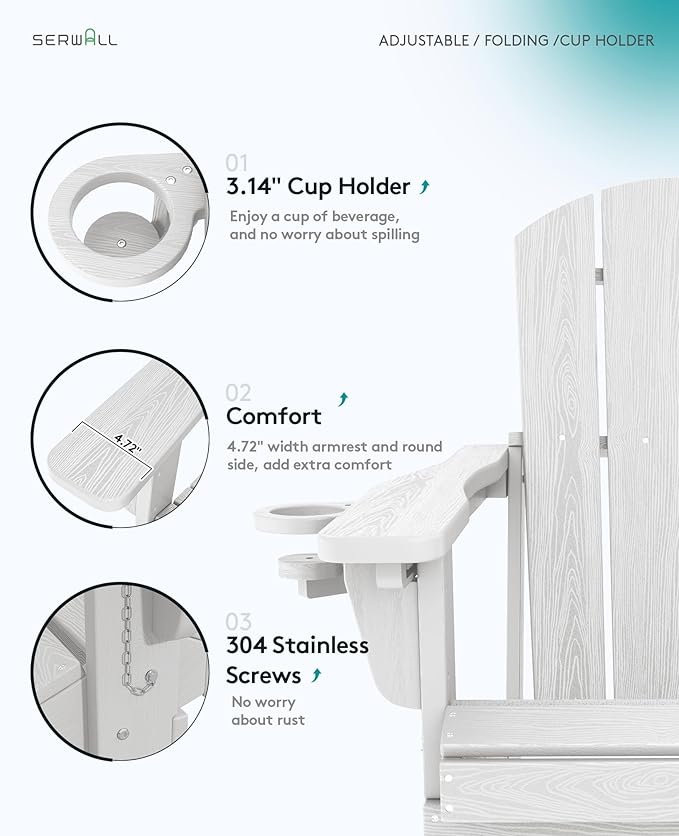 SERWALL Folding Adirondack Chair Set of 6, Reclining Adirondack Chair with 3 Recline Positions, All Weather HDPE Outdoor Adirondack, White
