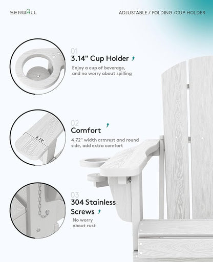 SERWALL Folding Adirondack Chair, Adirondack Outdoor Chair with Cup Holder, Adjustable Adirondack Chair with 3 Recline Positions, All Weather HDPE Outdoor Adirondack, White