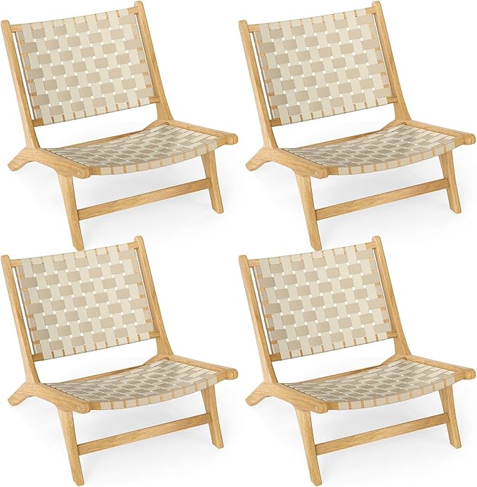 Tangkula Teak Wood Patio Dining Chair Set of 4, Outdoor Wooden Mid-Century Accent Armless Chair w/Webbing Seat & Backrest, for Living Room, Balcony, Porch, Backyard, Lawn, Poolside, Garden, Deck