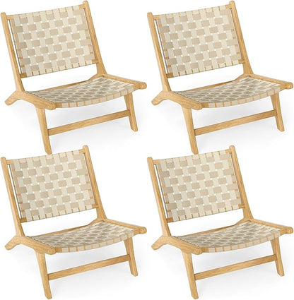 Tangkula Teak Wood Patio Dining Chair Set of 4, Outdoor Wooden Mid-Century Accent Armless Chair w/Webbing Seat & Backrest, for Living Room, Balcony, Porch, Backyard, Lawn, Poolside, Garden, Deck