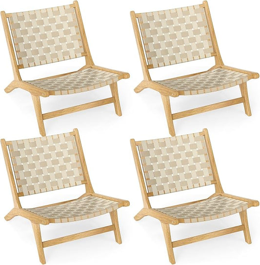 Tangkula Teak Wood Patio Dining Chair Set of 4, Outdoor Wooden Mid-Century Accent Armless Chair w/Webbing Seat & Backrest, for Living Room, Balcony, Porch, Backyard, Lawn, Poolside, Garden, Deck