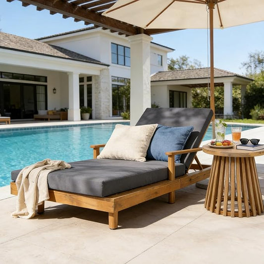 Merax Acacia Wood Outdoor Chaise Lounge Chair with 3-Position Adjustable Back & 4" Thick Removable Dark-Grey Cushion, 400lbs Capacity, Modern Large Patio Sun Lounger for Patio Garden Pool