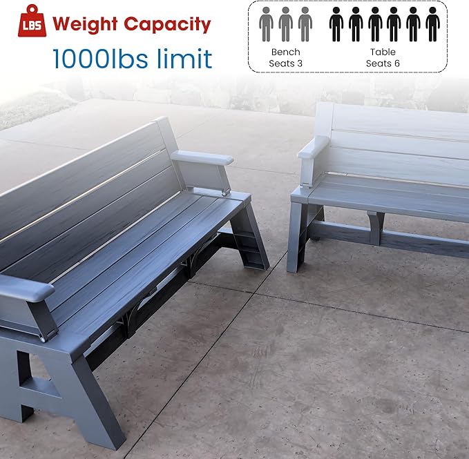 Convert-a-Bench Gen 1 2-in-1 Outdoor Convertible Bench to Picnic Table | Space-Saving, Weather-Resistant Patio Furniture for Yard, Deck, Garden | Easy Assembly & Durable - 1 Bench/Order Platinum Gray