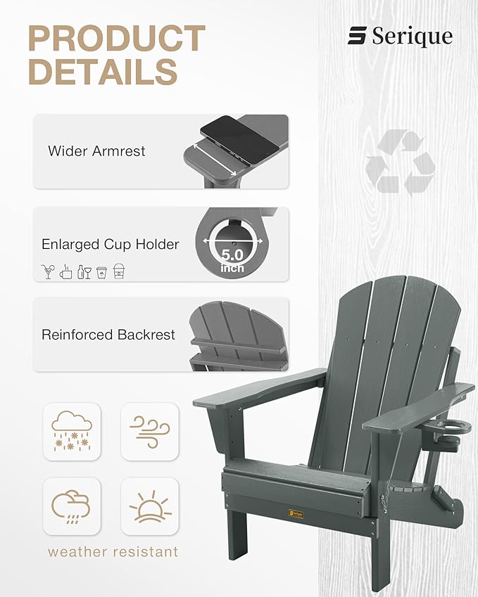 Folding Adirondack Chair, Patio Chair Wood Texture, Outdoor Chair Weather Resistant, Fire Pit Chair with Cup Holder, Composite Adirondack Chair Set of 4 (Grey)