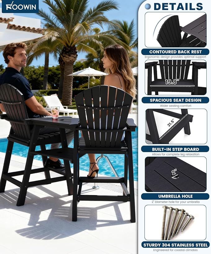 FOOWIN Tall Adirondack Chair Set of 8, All Weather HDPE Bar Height Adirondack Chair with Double Connecting Trays, Adirondack Barstools for Balcony, Deck, Backyard, Patio, Garden Black