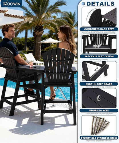 FOOWIN Tall Adirondack Chair Set of 2, All Weather HDPE Bar Height Adirondack Chair with Double Connecting Trays, Adirondack Barstools for Balcony, Deck, Backyard, Patio, Garden Black
