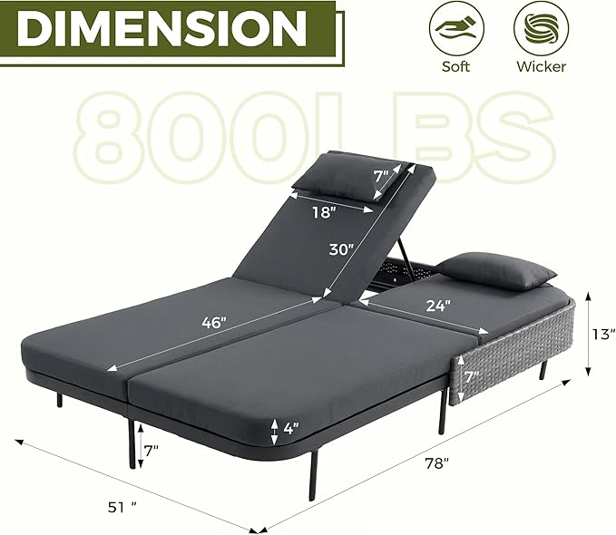 RADIATA 51.2" Outdoor Loveseat Sofa Bed, PE Wicker Patio Daybed with 2-Person Double Chaise Lounge - Photo 2
