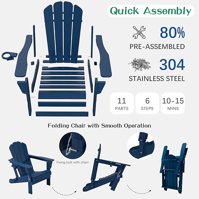 Domi Folding Adirondack Chair Set of 6, HDPE All-Weather Adirondack Chairs with Cup Holder - Photo 8