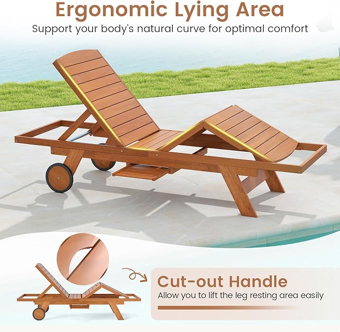 Tangkula Lounge Chair Outdoor with Wheels, Patio Wood Chaise Lounge with 4-Position Adjustable Backrest & Leg Area, Extendable Side Table, Pool Sunbathing Reclining Lounger for Outside Backyard (1)