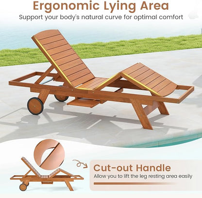 Tangkula Lounge Chair Outdoor with Wheels, Patio Wood Chaise Lounge with 4-Position Adjustable Backrest & Leg Area, Extendable Side Table, Pool Sunbathing Reclining Lounger for Outside Backyard (1)