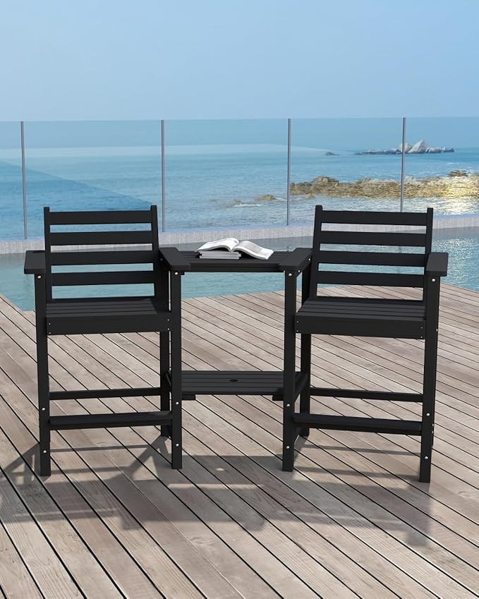 Tall HDPE Adirondack Bar Chairs Set of 2, Outdoor Balcony Bar-Height Chairs with Extra-Large Side Trays & 2" Umbrella Hole, All-Weather Patio Stools for Porch, Deck, Garden (Black, 2chair)