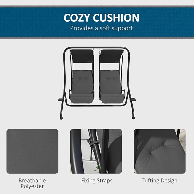 Outsunny Patio Swing Chair with 2 Separate Seats, Outdoor Swing with Removable Canopy and Cup Holders for Porch, Garden - Photo 5