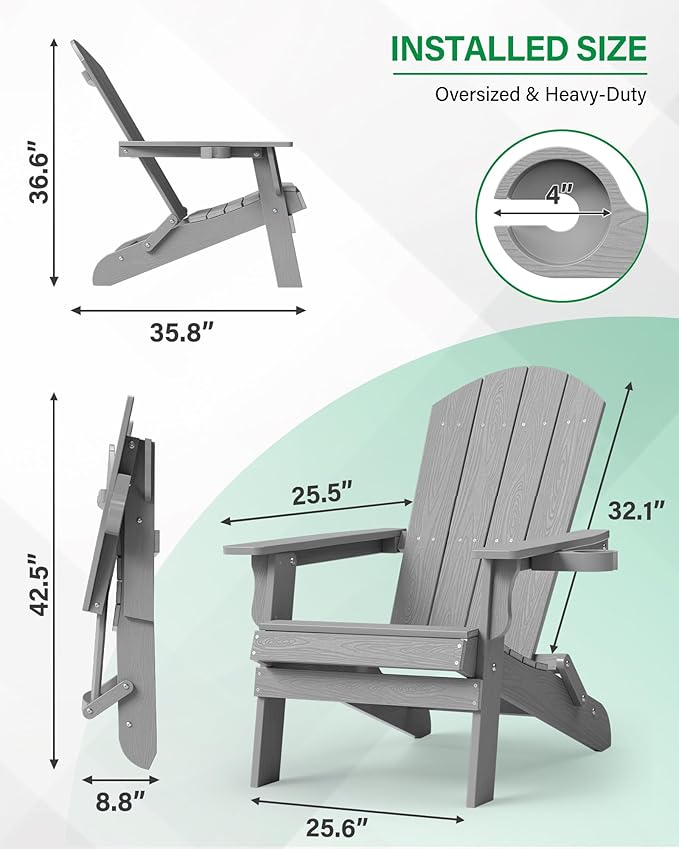 YEFU Adirondack Chair, Oversized Plastic Adirondack Chair Folding Outdoor Chairs with Cup Holder - Photo 2