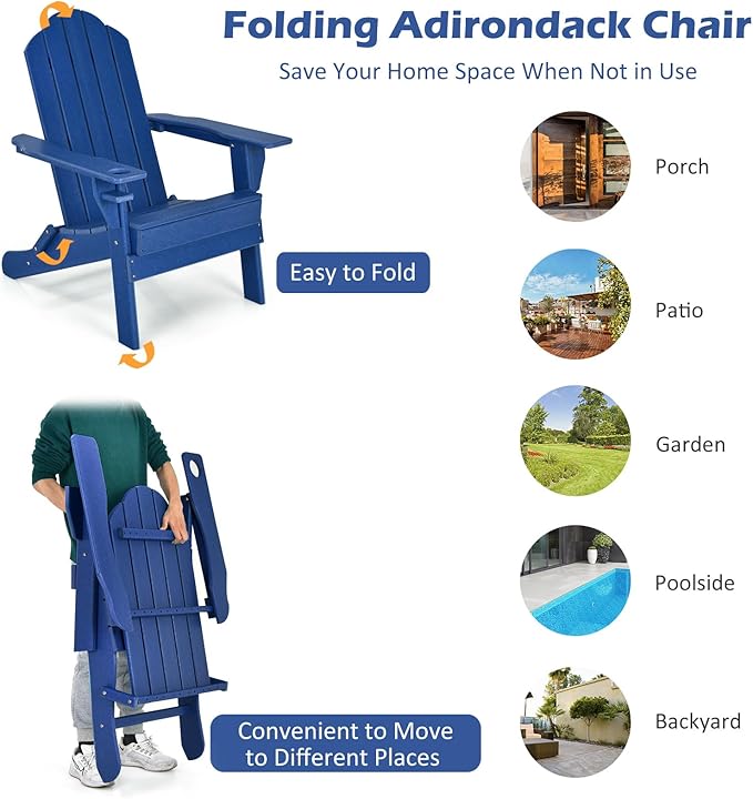 Tangkula Outdoor Folding Adirondack Chair, HDPE Armchairs with Cup Holder, Weather Resistant Lounger Chair for Patio Garden Fire Pit Backyard, Lawn Porch Seating, Adirondack Lounger (2, Navy)