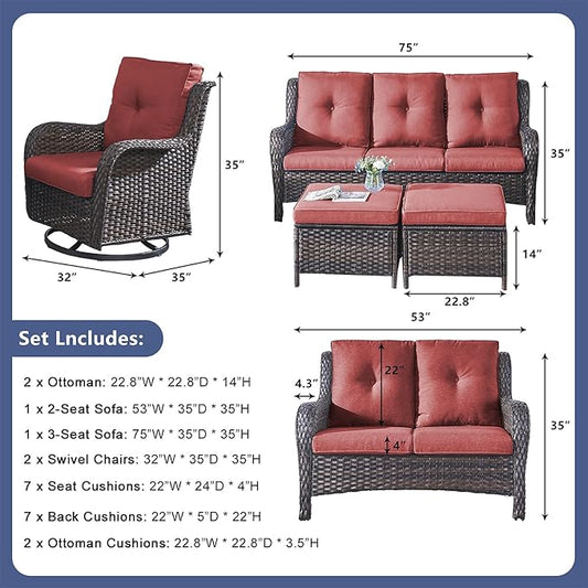 Rilyson Wicker Patio Furniture Set - 6 Piece Rattan Outdoor Sectional Conversation Sets with 2 Rocking Swivel Chairs,2 Ottomans,1 Sofa and 1 Loveseat for Porch Deck Garden(Brown/Red)