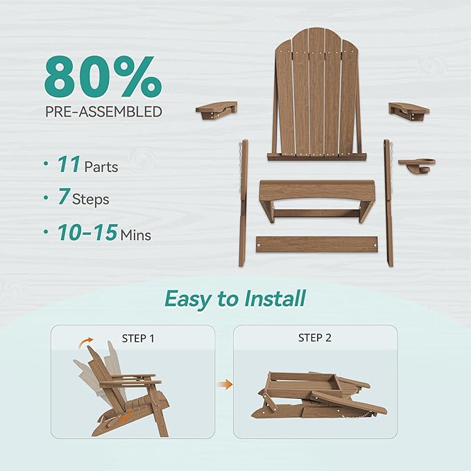 Foldable HDPE Adirondack Chairs Set of 2, Garden, Lawn, Backyard, All-Weather Outdoor Furniture, Hidden Cup Holder, Brown