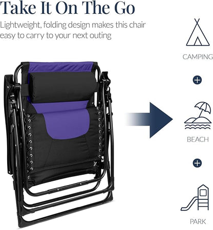 Best Choice Products Oversized Padded Zero Gravity Chair, Folding Outdoor Patio Recliner, XL Anti Gravity Lounger for Backyard w/Headrest, Cup Holder, Side Tray, Polyester Mesh - Black/Purple