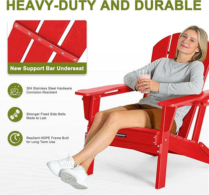 Folding Adirondack Chair with Dual Cup Holders, All-Weather HDPE Patio Chair Deck Chairs Outdoor, Fire Pit Chairs for Garden, Lawn, Poolside, Backyard, Pool - Red (Wood-Look)