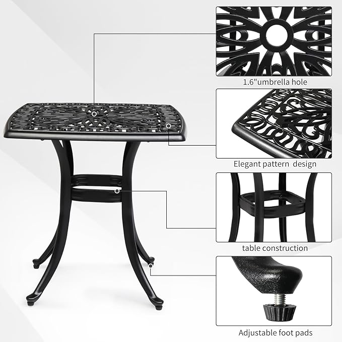 VINGLI 21" Cast Aluminum Outdoor Side Table with Umbrella Hole, All Weather Patio Side Table Bistro Table for Balcony - Photo 4