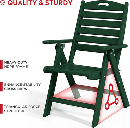 Costaelm Outdoor Adjustable Highback Folding Patio Dining Chair, HDPE Armrest Poly Lumber Restaurant Bistro Dining Chair for Outside Porch Backyard Garden, Dark Green