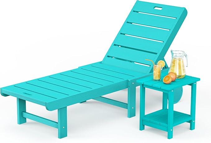 Outdoor Chaise Lounge Chairs with Table, 2-Piece, 26.8” Super Wide Lounge Chair Outdoor, HDPS Pool Chairs with 5 Positions, Patio Lounge Chair with Wheels for Pool,Lawn,Backyard, Aruba Blue