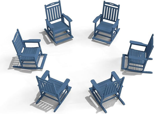 Classic Outdoor Rocking Chair Set of 6, HDPE Patio Rocking Chairs with Slat Back & Wide Armrests, All-Weather Rocking Lawn Chairs for Porch, Garden, Deck, Backyard, Navy Blue