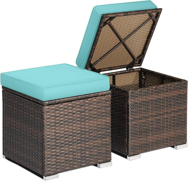 RELAX4LIFE Wicker Outdoor Storage Ottoman, 2-Piece Rattan Footstool w/Removable Cushion - Photo 1