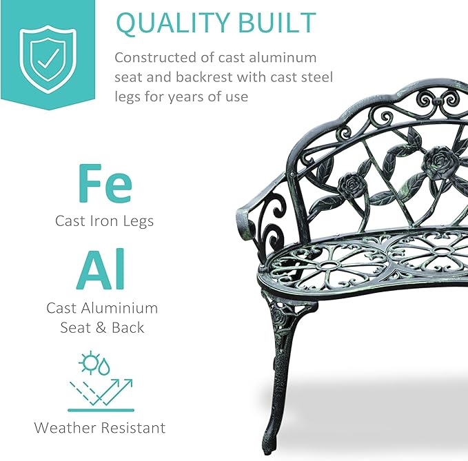 Antique-Style Metal Garden Bench with Back and Armrests