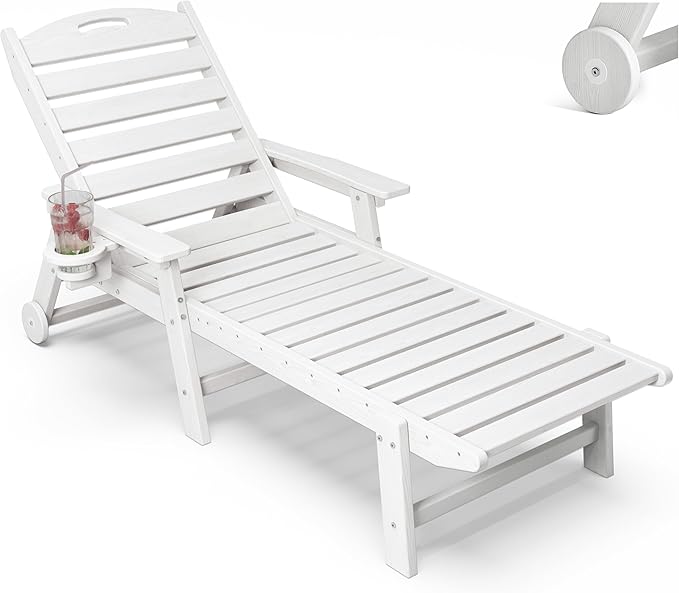 Patio Chaise Lounge Chair, HDPE Outdoor Lounge Chairs with 5-Position Adjustable Backrest, Cup Holder and Wheels, 450lbs Capacity for Poolside Deck Backyard, All Weather Material(White)