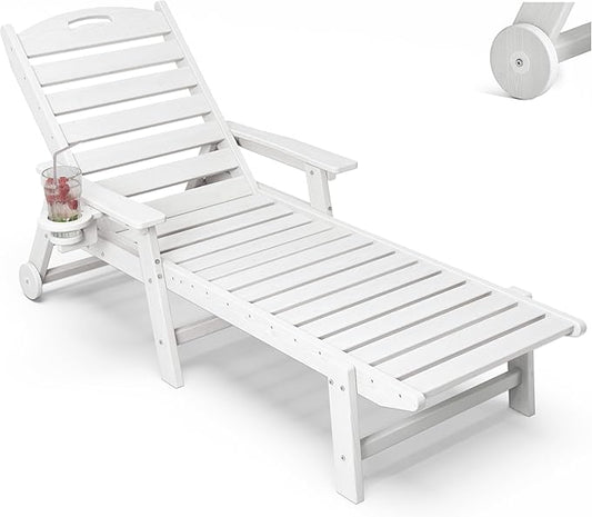 Patio Chaise Lounge Chair, HDPE Outdoor Lounge Chairs with 5-Position Adjustable Backrest, Cup Holder and Wheels, 450lbs Capacity for Poolside Deck Backyard, All Weather Material(White)
