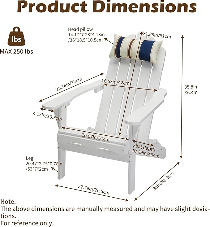 DJL Outdoor Wooden White Adirondack Chairs Set of 4 Patio Folding Lounge Wood Outside Deck, Porch, Lawn, Pool, Yard, Garden, Fire Pit