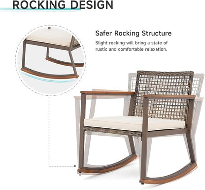 Verano Garden 3 Pieces Rocking Bistro Set, Outdoor Conversation Bistro Chairs and Table Set with Wood Armrest and Soft Cushions, Small Porch Set Balcony Set for Garden, Patio, Yard