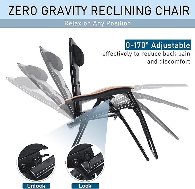 PHI VILLA XXL Oversized Padded Zero Gravity Chair Set of 2, Foldable Patio Recliner, 30" Wide Seat Anti Gravity Lounger with Armrest and Cup Holder, Support 400 LBS (Black)