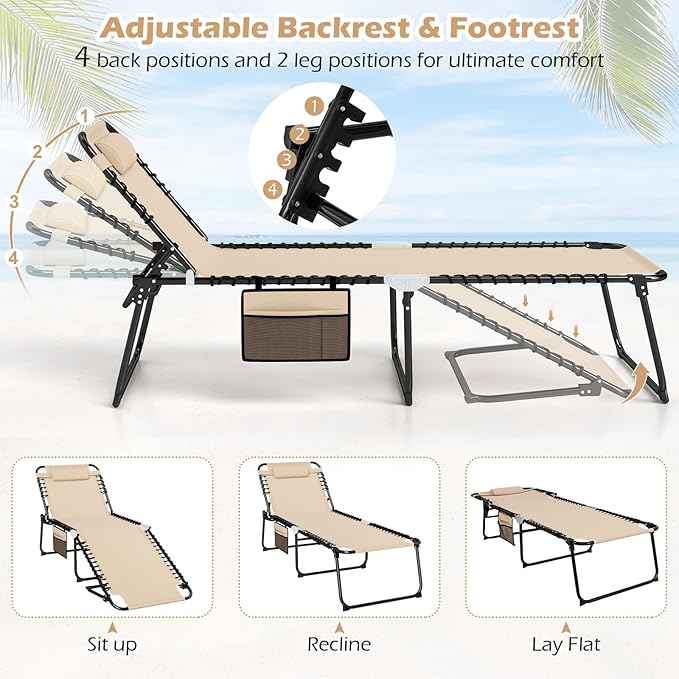 Giantex 2-Pack Lounge Chair Outdoor, Folding Tanning Chair with 4 Adjustable Positions, Removable Headrest, Footrest - Photo 6