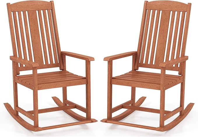 Tangkula Outdoor Patio Wood Rocking Chair, Relaxing Rocker w/High Backrest, Wide Armrests, Curved Seat, for Porch, Patio, Garden, Backyard, 400 LBS Support, Natural (2)