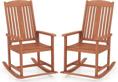 Tangkula Outdoor Patio Wood Rocking Chair, Relaxing Rocker w/High Backrest, Wide Armrests, Curved Seat, for Porch, Patio, Garden, Backyard, 400 LBS Support, Natural (2)