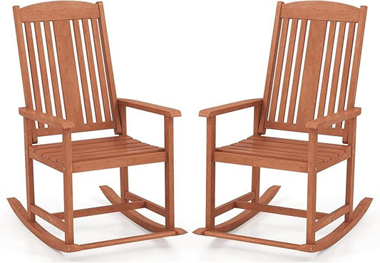 Tangkula Outdoor Patio Wood Rocking Chair, Relaxing Rocker w/High Backrest, Wide Armrests, Curved Seat, for Porch, Patio, Garden, Backyard, 400 LBS Support, Natural (2)