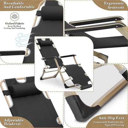 Athena Collection Zero Gravity Outdoor Lounge Chair Set of 2, 26" Width Reclining Pool Lounge Lawn Chairs Recliner with Headrest Foot Pad, Outdoor Chaise for Beach Patio Backyard Outside, Black