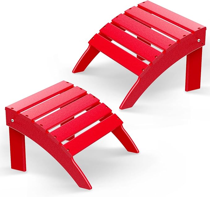 BRIOPAWS Adirondack Ottomans | Folding | Set of 2 | HDPE Plastic | Red Outdoor Foot Rest | All Weather | Patio Footrest for Adirondack Chair | Foot Stool for Deck Porch | 19.7W x 18.5L x 13H Inch