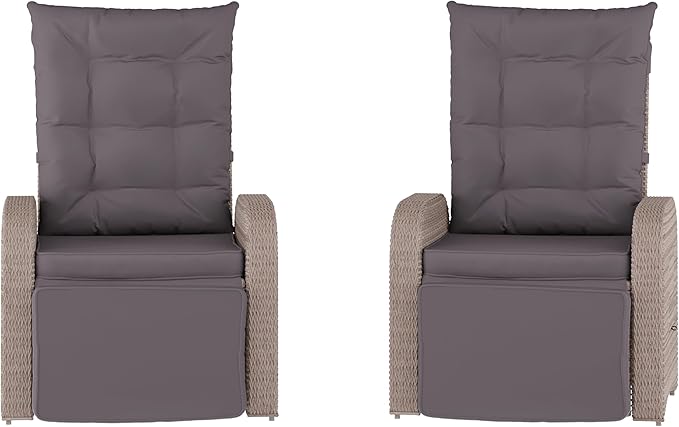 Flash Furniture Nemo Indoor/Outdoor Patio Wicker Rattan Recliner, Lounge Chair with Flip-Up Side Table, Set of 2, Gray