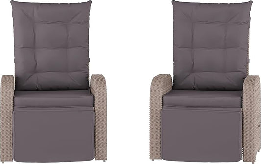 Flash Furniture Nemo Indoor/Outdoor Patio Wicker Rattan Recliner, Lounge Chair with Flip-Up Side Table, Set of 2, Gray