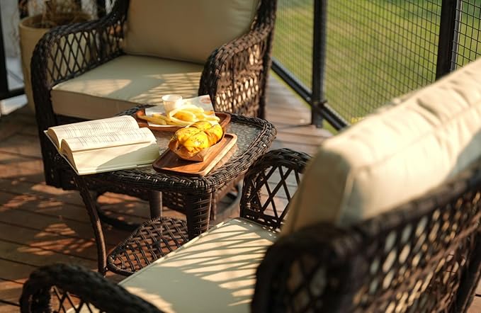 GAOMON 3 Piece Outdoor Patio Set, Wicker Rocking Bistro Set with 2 Swivel Chairs & Tempered Glass Top Table, Rattan Outdoor Furniture with Cushions for Patio Porch Backyard, Brown + Apricot Cushion