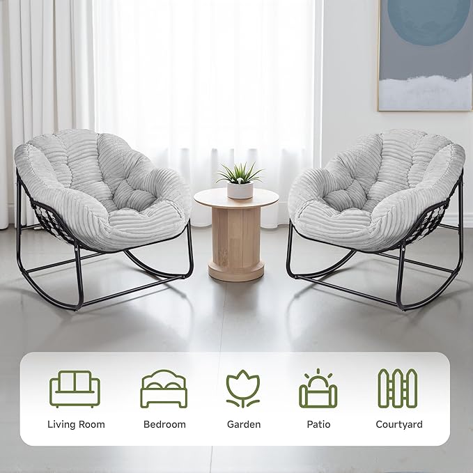 Indoor Rocking Chair, Oversized Outdoor Lounge Chair with Thick Corduroy Cushion & Straps - Photo 7